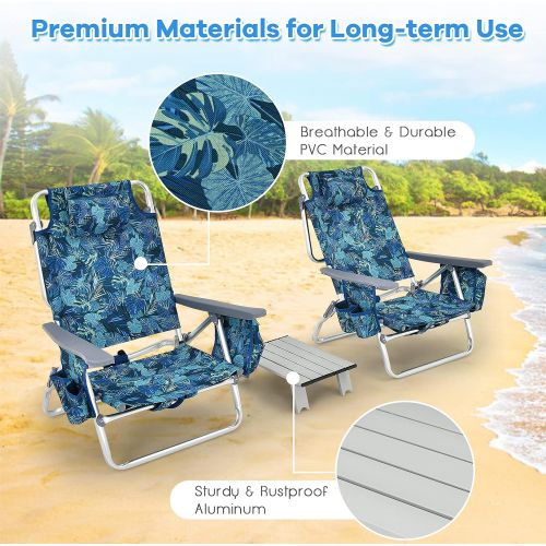  Goplus Backpack Beach Chairs, 3 Pcs Portable Camping Chairs with Cool Bag and Cup Holder, 5-Position Outdoor Reclining Chairs for Sunbathing, Fishing, Travelling (Navy, with Side T