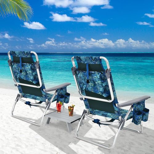  Goplus Backpack Beach Chairs, 3 Pcs Portable Camping Chairs with Cool Bag and Cup Holder, 5-Position Outdoor Reclining Chairs for Sunbathing, Fishing, Travelling (Navy, with Side T