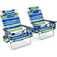 Goplus Backpack Beach Chairs, 2 Pcs Portable Camping Chairs with Cool Bag and Cup Holder, 5-Position Outdoor Reclining Chairs for Sunbathing, Fishing, Travelling (Blue+Green, Witho
