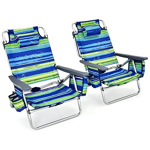  Goplus Backpack Beach Chairs, 2 Pcs Portable Camping Chairs with Cool Bag and Cup Holder, 5-Position Outdoor Reclining Chairs for Sunbathing, Fishing, Travelling (Blue+Green, Witho