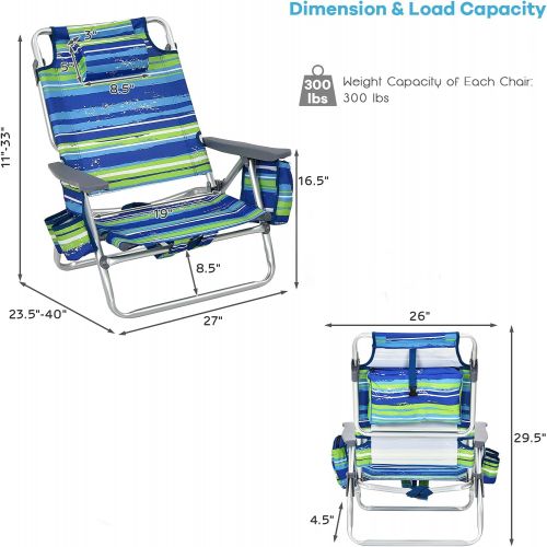  Goplus Backpack Beach Chairs, 2 Pcs Portable Camping Chairs with Cool Bag and Cup Holder, 5-Position Outdoor Reclining Chairs for Sunbathing, Fishing, Travelling (Blue+Green, Witho