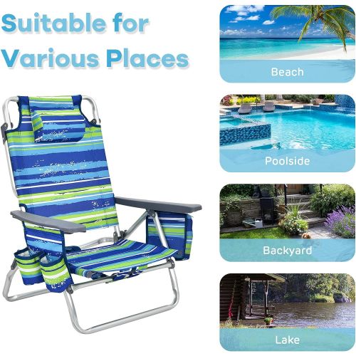  Goplus Backpack Beach Chairs, 2 Pcs Portable Camping Chairs with Cool Bag and Cup Holder, 5-Position Outdoor Reclining Chairs for Sunbathing, Fishing, Travelling (Blue+Green, Witho