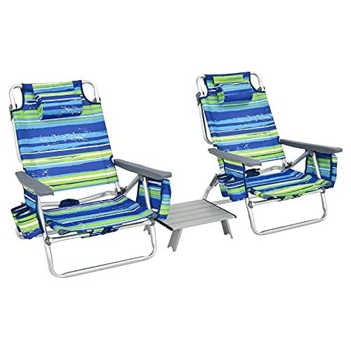  Goplus Backpack Beach Chairs, 3 Pcs Portable Camping Chairs with Cool Bag and Cup Holder, 5-Position Outdoor Reclining Chairs for Sunbathing, Fishing, Travelling (Blue+Green, with