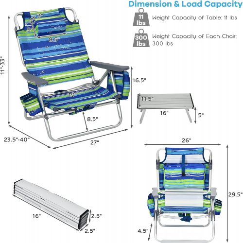  Goplus Backpack Beach Chairs, 3 Pcs Portable Camping Chairs with Cool Bag and Cup Holder, 5-Position Outdoor Reclining Chairs for Sunbathing, Fishing, Travelling (Blue+Green, with