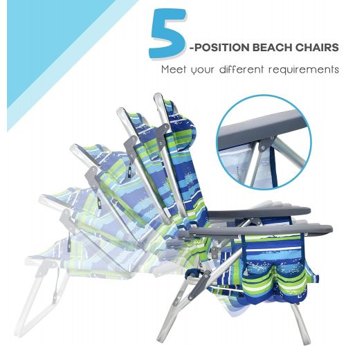  Goplus Backpack Beach Chairs, 3 Pcs Portable Camping Chairs with Cool Bag and Cup Holder, 5-Position Outdoor Reclining Chairs for Sunbathing, Fishing, Travelling (Blue+Green, with