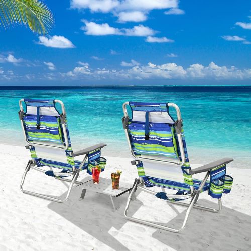  Goplus Backpack Beach Chairs, 3 Pcs Portable Camping Chairs with Cool Bag and Cup Holder, 5-Position Outdoor Reclining Chairs for Sunbathing, Fishing, Travelling (Blue+Green, with