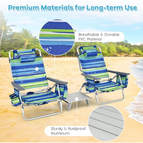  Goplus Backpack Beach Chairs, 3 Pcs Portable Camping Chairs with Cool Bag and Cup Holder, 5-Position Outdoor Reclining Chairs for Sunbathing, Fishing, Travelling (Blue+Green, with