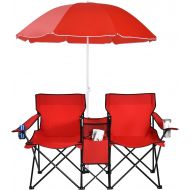 Goplus Double Folding Picnic Chairs w/Umbrella Mini Table Beverage Holder Carrying Bag for Beach Patio Pool Park Outdoor Portable Camping Chair (Red)