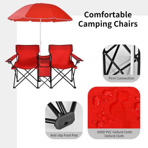  Goplus Double Folding Picnic Chairs w/Umbrella Mini Table Beverage Holder Carrying Bag for Beach Patio Pool Park Outdoor Portable Camping Chair (Red)