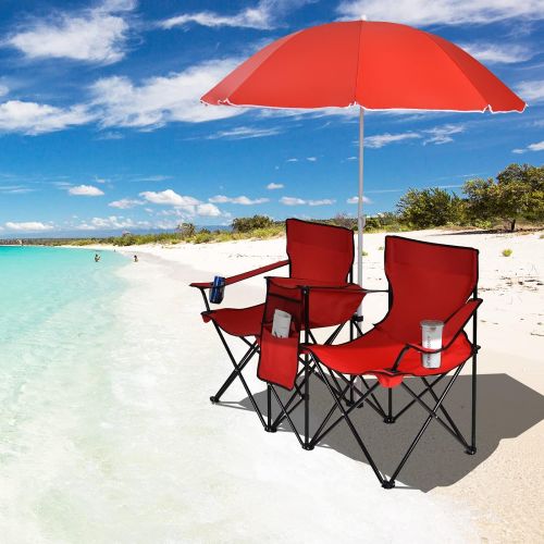  Goplus Double Folding Picnic Chairs w/Umbrella Mini Table Beverage Holder Carrying Bag for Beach Patio Pool Park Outdoor Portable Camping Chair (Red)