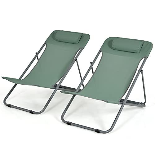  Goplus Beach Sling Chair for Adults, 2 Pcs Portable Folding Camping Chair W/ 3-Position Adjustable Backrest & Comfy Headrest, Outdoor Heavy Duty Lounge (Green)