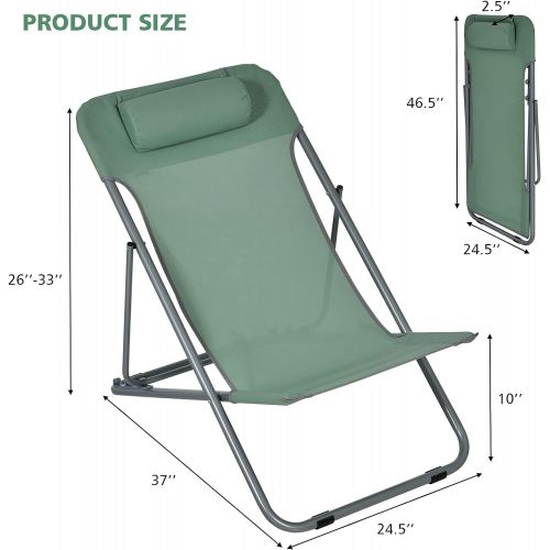  Goplus Beach Sling Chair for Adults, 2 Pcs Portable Folding Camping Chair W/ 3-Position Adjustable Backrest & Comfy Headrest, Outdoor Heavy Duty Lounge (Green)