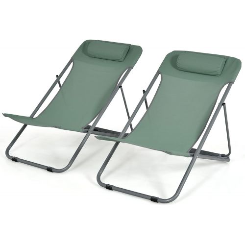  Goplus Beach Sling Chair for Adults, 2 Pcs Portable Folding Camping Chair W/ 3-Position Adjustable Backrest & Comfy Headrest, Outdoor Heavy Duty Lounge (Green)