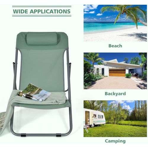  Goplus Beach Sling Chair for Adults, 2 Pcs Portable Folding Camping Chair W/ 3-Position Adjustable Backrest & Comfy Headrest, Outdoor Heavy Duty Lounge (Green)