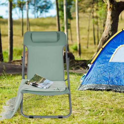  Goplus Beach Sling Chair for Adults, 2 Pcs Portable Folding Camping Chair W/ 3-Position Adjustable Backrest & Comfy Headrest, Outdoor Heavy Duty Lounge (Green)