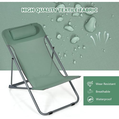  Goplus Beach Sling Chair for Adults, 2 Pcs Portable Folding Camping Chair W/ 3-Position Adjustable Backrest & Comfy Headrest, Outdoor Heavy Duty Lounge (Green)