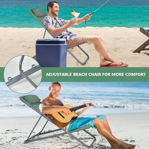  Goplus Beach Sling Chair for Adults, 2 Pcs Portable Folding Camping Chair W/ 3-Position Adjustable Backrest & Comfy Headrest, Outdoor Heavy Duty Lounge (Green)