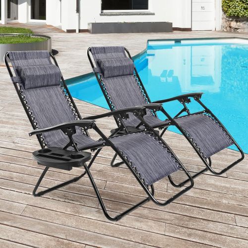  Goplus Zero Gravity Chair, Adjustable Folding Reclining Lounge Chair with Pillow and Cup Holder, Patio Lawn Recliner for Outdoor Pool Camp Yard (Grey, Set of 2)