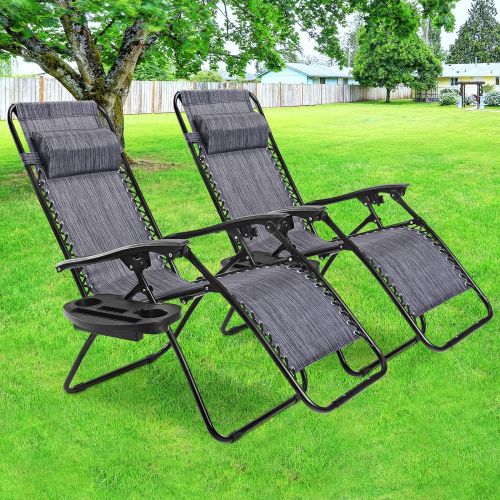  Goplus Zero Gravity Chair, Adjustable Folding Reclining Lounge Chair with Pillow and Cup Holder, Patio Lawn Recliner for Outdoor Pool Camp Yard (Grey, Set of 2)