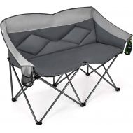 Goplus Loveseat Camping Chair, Double Folding Chair for Adults Couples w/Storage Bags & Padded High Backrest, Oversize Camp Seat for Fishing Picnic (Grey)