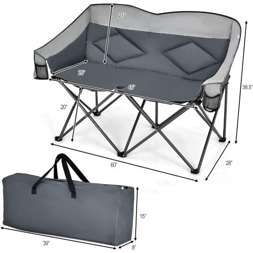  Goplus Loveseat Camping Chair, Double Folding Chair for Adults Couples w/Storage Bags & Padded High Backrest, Oversize Camp Seat for Fishing Picnic (Grey)