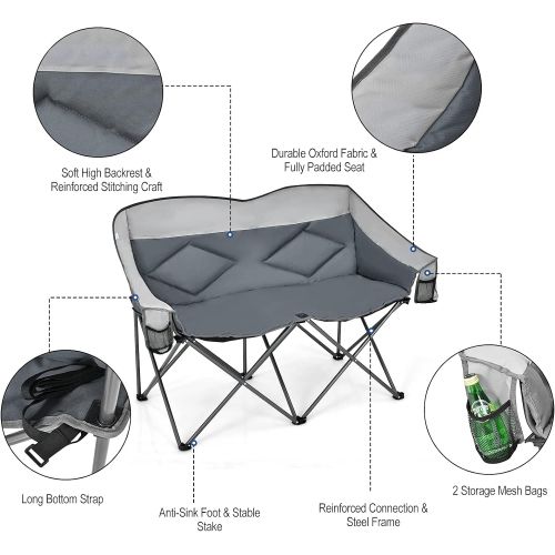  Goplus Loveseat Camping Chair, Double Folding Chair for Adults Couples w/Storage Bags & Padded High Backrest, Oversize Camp Seat for Fishing Picnic (Grey)