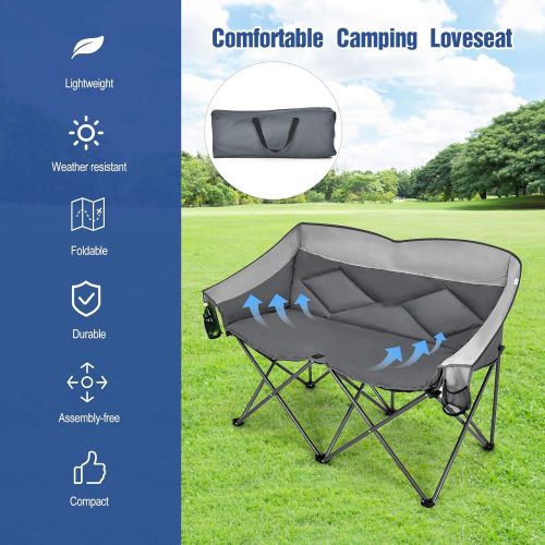  Goplus Loveseat Camping Chair, Double Folding Chair for Adults Couples w/Storage Bags & Padded High Backrest, Oversize Camp Seat for Fishing Picnic (Grey)