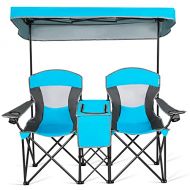 Goplus Double Camping Seat w/Shade Canopy, Mini Table Beverage Holder Carrying Bag for Beach Patio Pool Park Outdoor Portable Folding Beach Chairs (Blue)
