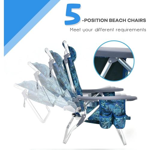  Goplus Backpack Beach Chairs, 2 Pcs Portable Camping Chairs with Cool Bag and Cup Holder, 5-Position Outdoor Reclining Chairs for Sunbathing, Fishing, Travelling (Navy, Without Sid