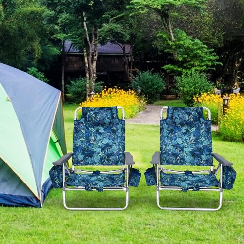  Goplus Backpack Beach Chairs, 2 Pcs Portable Camping Chairs with Cool Bag and Cup Holder, 5-Position Outdoor Reclining Chairs for Sunbathing, Fishing, Travelling (Navy, Without Sid