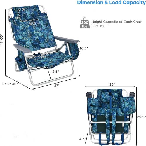  Goplus Backpack Beach Chairs, 2 Pcs Portable Camping Chairs with Cool Bag and Cup Holder, 5-Position Outdoor Reclining Chairs for Sunbathing, Fishing, Travelling (Navy, Without Sid