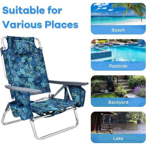  Goplus Backpack Beach Chairs, 2 Pcs Portable Camping Chairs with Cool Bag and Cup Holder, 5-Position Outdoor Reclining Chairs for Sunbathing, Fishing, Travelling (Navy, Without Sid