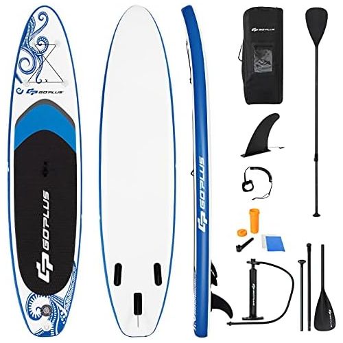  Goplus 10.5/11FT Inflatable Stand Up Paddle Board, 6.5” Thick SUP with Carry Bag, Adjustable Paddle, Bottom Fin, Hand Pump, Non-Slip Deck, Leash, Repair Kit