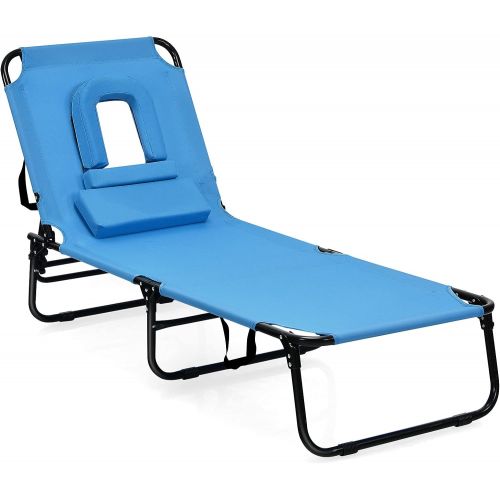  Goplus Folding Lounge Chair for Beach Poolside Balcony Patio, Portable Recliner w/Tanning Face Down Hole and Pillow (1, Navy)