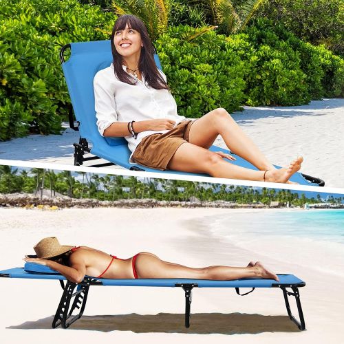  Goplus Folding Lounge Chair for Beach Poolside Balcony Patio, Portable Recliner w/Tanning Face Down Hole and Pillow (1, Navy)