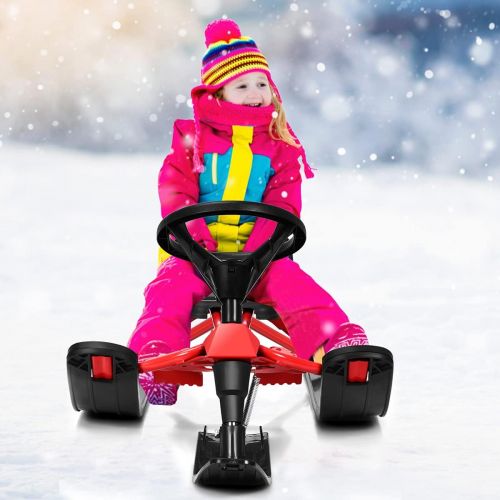  Goplus Snow Racer Sled, 55” Ski Sled Slider Board with Steering Wheel, Twin Brakes, Retractable Pull Rope, for Kids Age 4 & up, Holds Two Children/a Teenager/an Adult