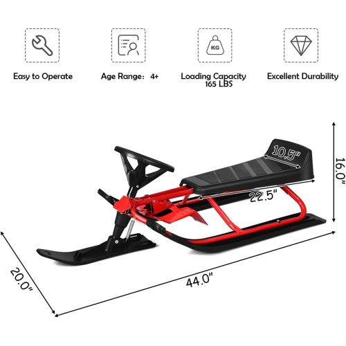  Goplus Snow Racer Sled, 55” Ski Sled Slider Board with Steering Wheel, Twin Brakes, Retractable Pull Rope, for Kids Age 4 & up, Holds Two Children/a Teenager/an Adult