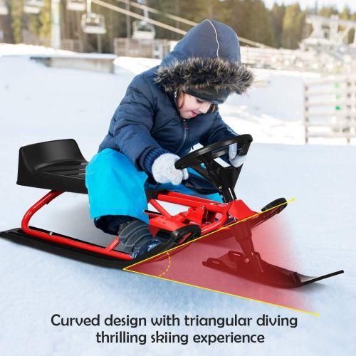  Goplus Snow Racer Sled, 55” Ski Sled Slider Board with Steering Wheel, Twin Brakes, Retractable Pull Rope, for Kids Age 4 & up, Holds Two Children/a Teenager/an Adult