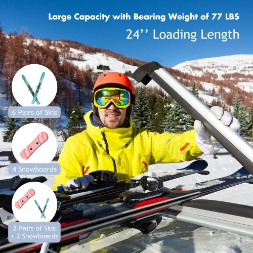  [아마존베스트]Goplus 23 Aluminum Universal Ski & Snowboard Roof Rack, Ski Board Roof Carrier Car Racks for 4 Pairs Skis/4 Snowboards, Fits for Most Vehicles Equipped Crossbars