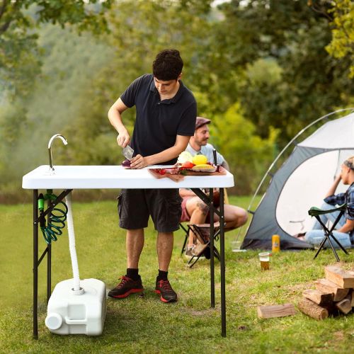  Goplus Folding Fish Cleaning Table with Sink and Spray Nozzle, Heavy Duty Fillet Table with Hose Hook Up and Faucet, Portable Outdoor Camping Sink Station for Dock Beach Patio Picn