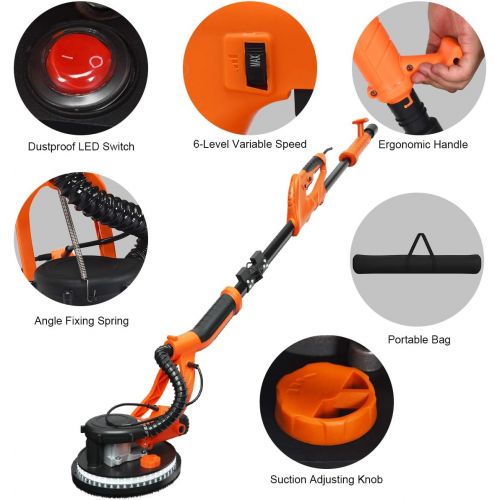  [아마존베스트]Goplus 750W Drywall Sander, Electric Foldable Sander Machine w/Dust-Free Automatic Vacuum System, 6 Variable Speed 800-1750 RPM, Double-Deck LED Lights, 12 Sanding Disks & Carrying