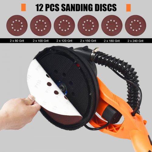  [아마존베스트]Goplus 750W Drywall Sander, Electric Foldable Sander Machine w/Dust-Free Automatic Vacuum System, 6 Variable Speed 800-1750 RPM, Double-Deck LED Lights, 12 Sanding Disks & Carrying