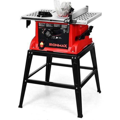  Goplus Table Saw, 10-Inch 15-Amp Portable Table Saw, 36T Blade, Cutting Speed Up to 5000RPM, 45º Double-Bevel Cut, Aluminum Table, Benchtop Table Saw with Metal Stand, Sliding Mite