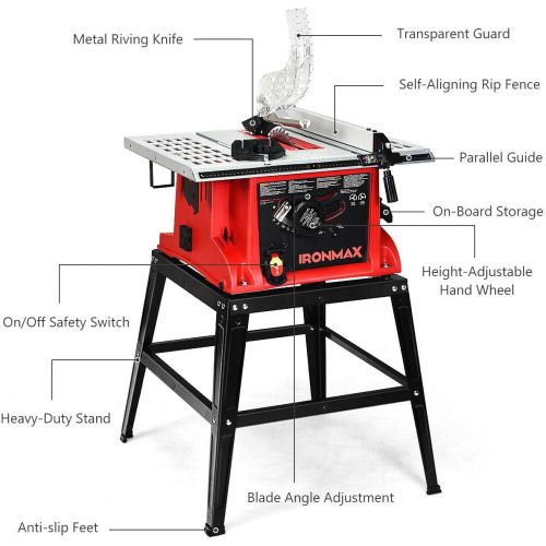  Goplus Table Saw, 10-Inch 15-Amp Portable Table Saw, 36T Blade, Cutting Speed Up to 5000RPM, 45º Double-Bevel Cut, Aluminum Table, Benchtop Table Saw with Metal Stand, Sliding Mite