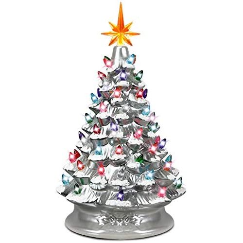  Goplus Pre Lit Hand Painted Ceramic Christmas Tree, Tabletop Xmas Decor, with 66 Multicolored Lights and Top Star, Forever Lighted Holiday Centerpiece(15in, Silver)