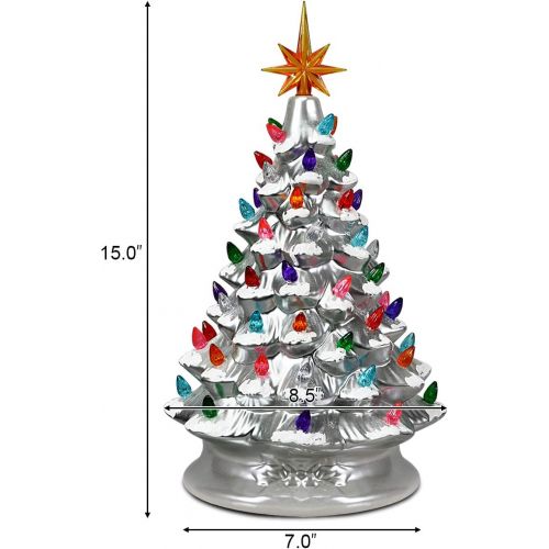  Goplus Pre Lit Hand Painted Ceramic Christmas Tree, Tabletop Xmas Decor, with 66 Multicolored Lights and Top Star, Forever Lighted Holiday Centerpiece(15in, Silver)