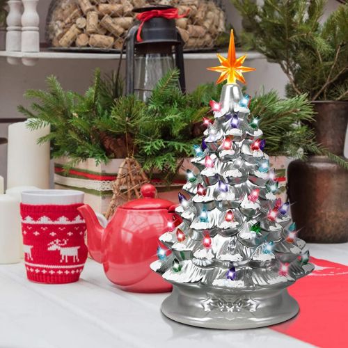  Goplus Pre Lit Hand Painted Ceramic Christmas Tree, Tabletop Xmas Decor, with 66 Multicolored Lights and Top Star, Forever Lighted Holiday Centerpiece(15in, Silver)