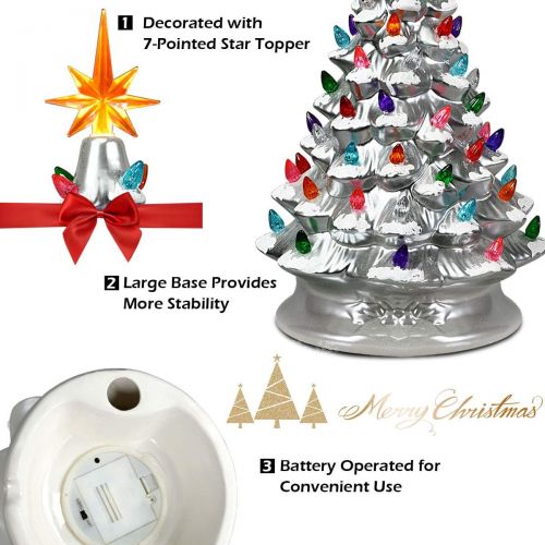  Goplus Pre Lit Hand Painted Ceramic Christmas Tree, Tabletop Xmas Decor, with 66 Multicolored Lights and Top Star, Forever Lighted Holiday Centerpiece(15in, Silver)