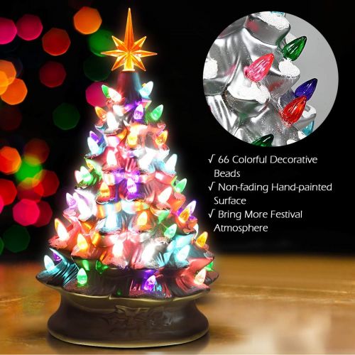  Goplus Pre Lit Hand Painted Ceramic Christmas Tree, Tabletop Xmas Decor, with 66 Multicolored Lights and Top Star, Forever Lighted Holiday Centerpiece(15in, Silver)