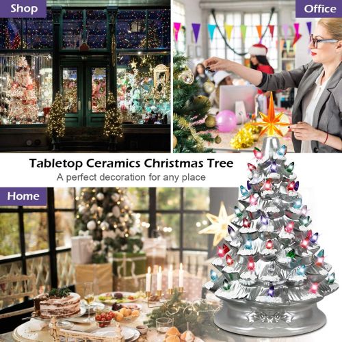  Goplus Pre Lit Hand Painted Ceramic Christmas Tree, Tabletop Xmas Decor, with 66 Multicolored Lights and Top Star, Forever Lighted Holiday Centerpiece(15in, Silver)